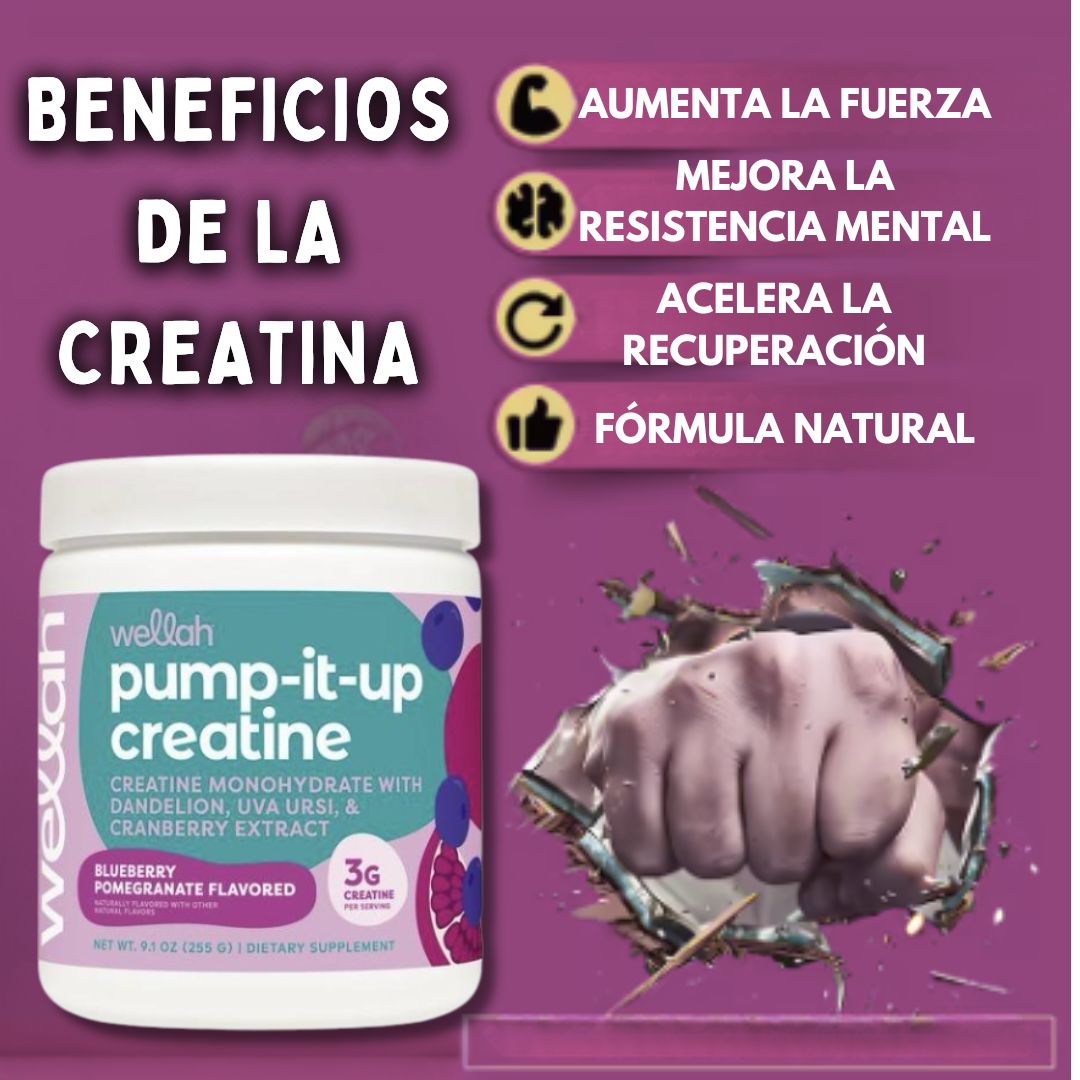 WELLAH® Pump-It-Up Creatine  Impulsa Tu Fuerza y Crecimiento Muscular  Sabor Arandano y Granada🔥